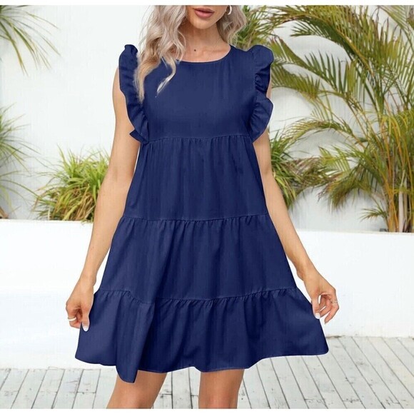 Blue Dress Ruffle Sleeve Round Neck Layered Mini Size Medium - Picture 1 of 10